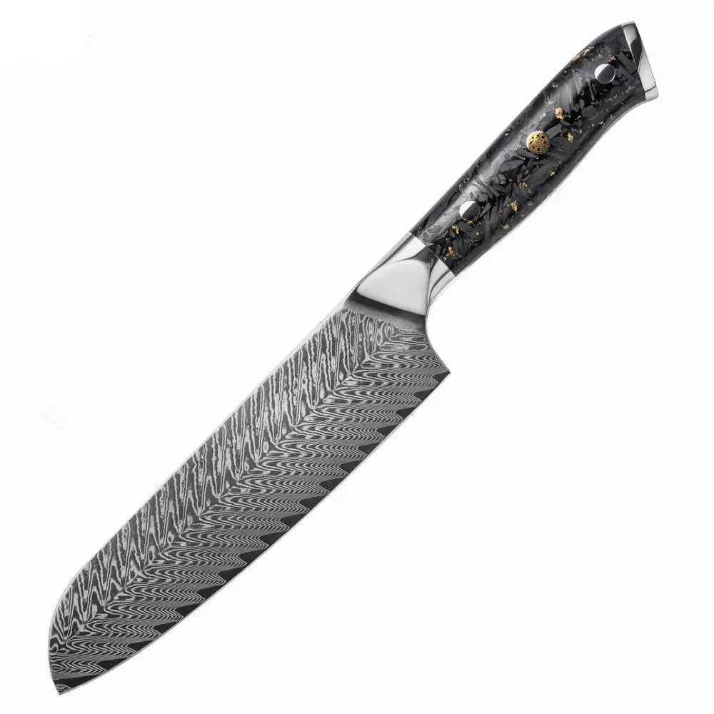 Damascus steel kitchen knife set with eight blades including Japanese and boning knives on a wooden surface