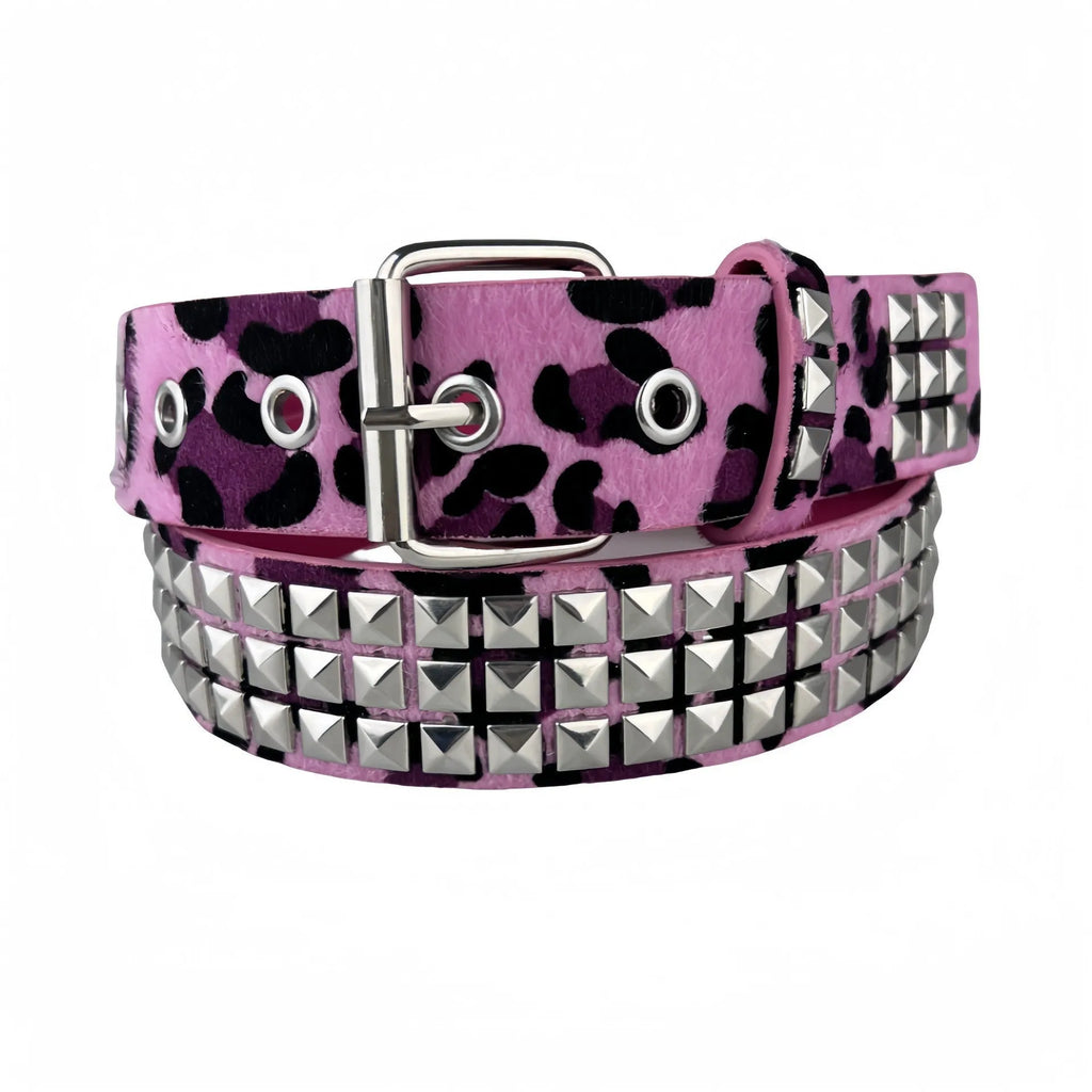 Women's punk-style brown leopard print belt with silver metal pyramid rivets and an alloy buckle.