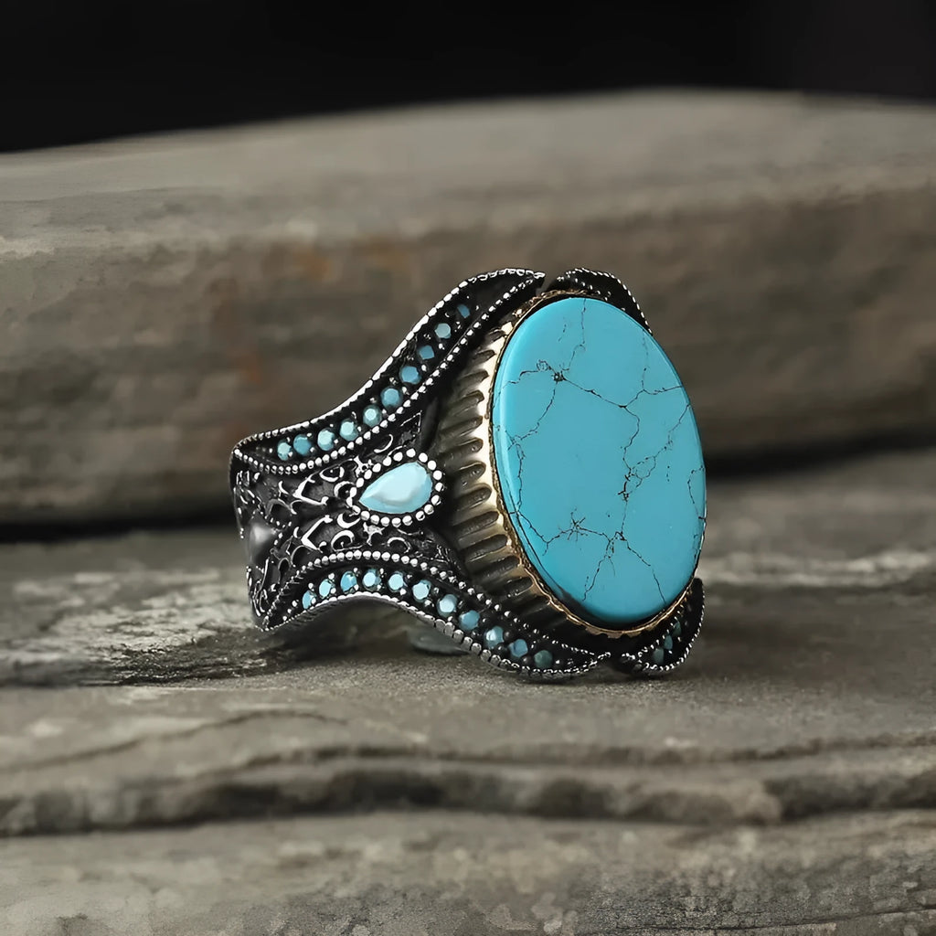 Men's antique silver alloy ring with turquoise stone in simple round design on size chart