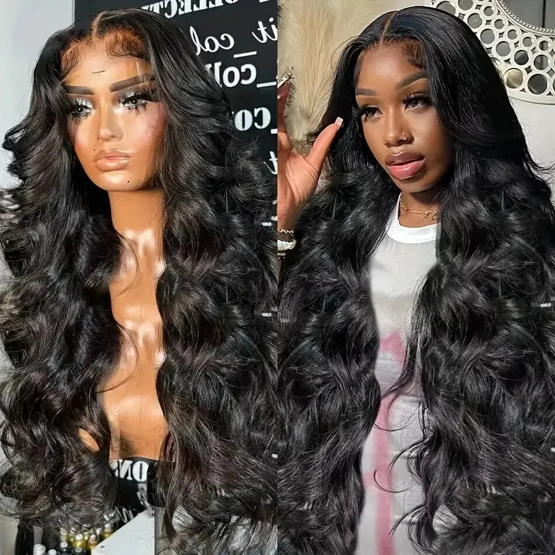 Black synthetic wig with large waves on a lace base, shown with size options from 16 to 32 inches.