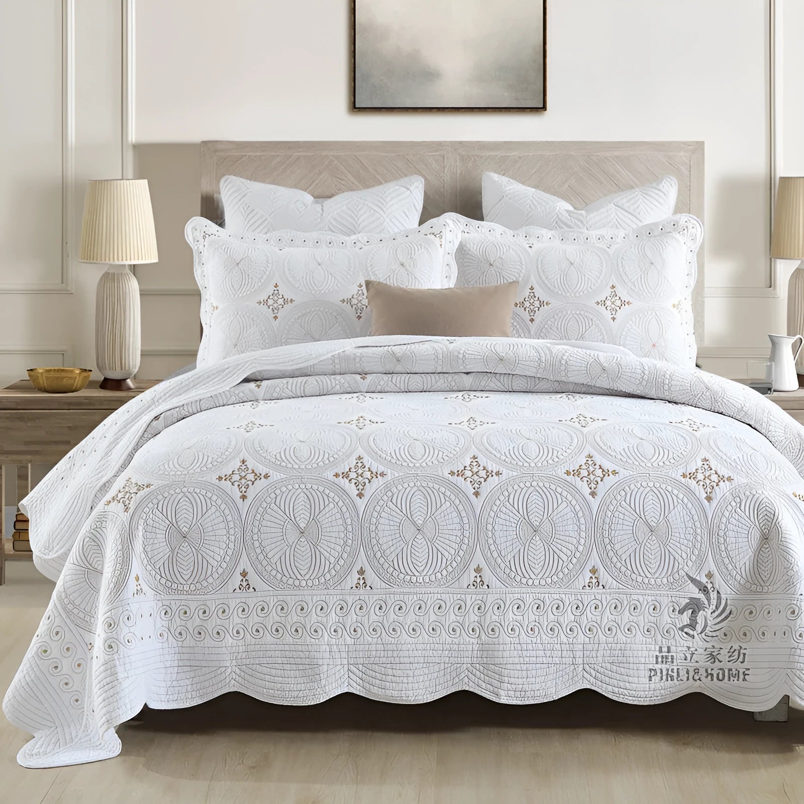 European style embroidered pure cotton bed cover set with two pillowcases on a bed