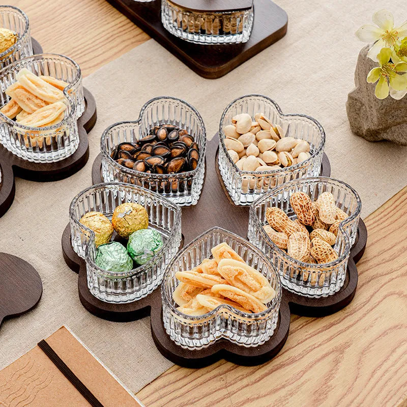 Glass snack platter with heart-shaped bowl lid compartments in mild luxury retro style