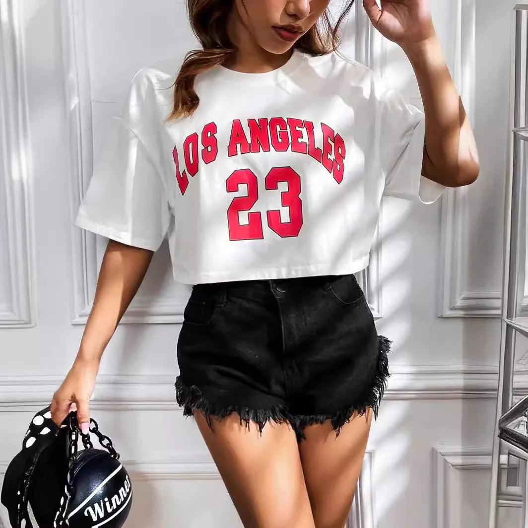 Women's cotton t-shirt with exposed navel design and printed English letters in loose casual fit