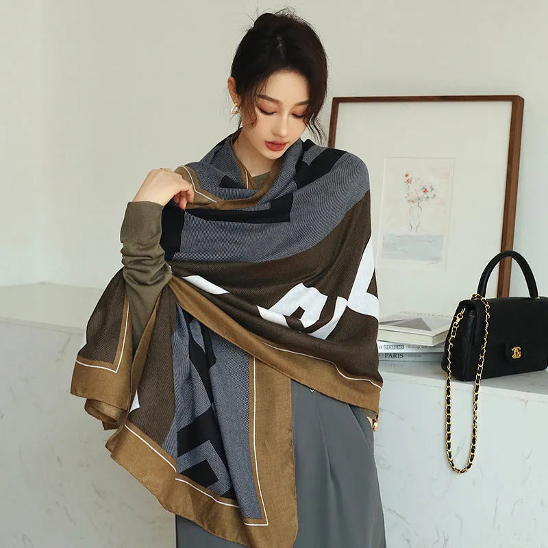 Polyester printed scarf shawl showing 90cm by 180cm dimensions and autumn-appropriate designs