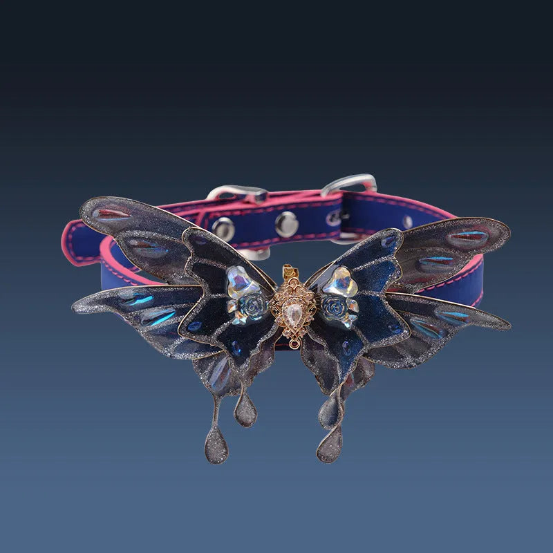 Purple butterfly rhinestone collar with temperature-changing colour on alloy pendant and adjustable PU chain