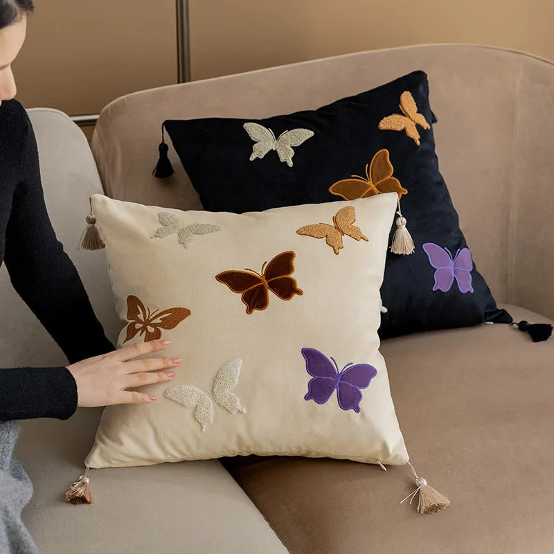 Butterfly embroidery cushion Chinese-style floral pattern 45x45 cm beige black purple