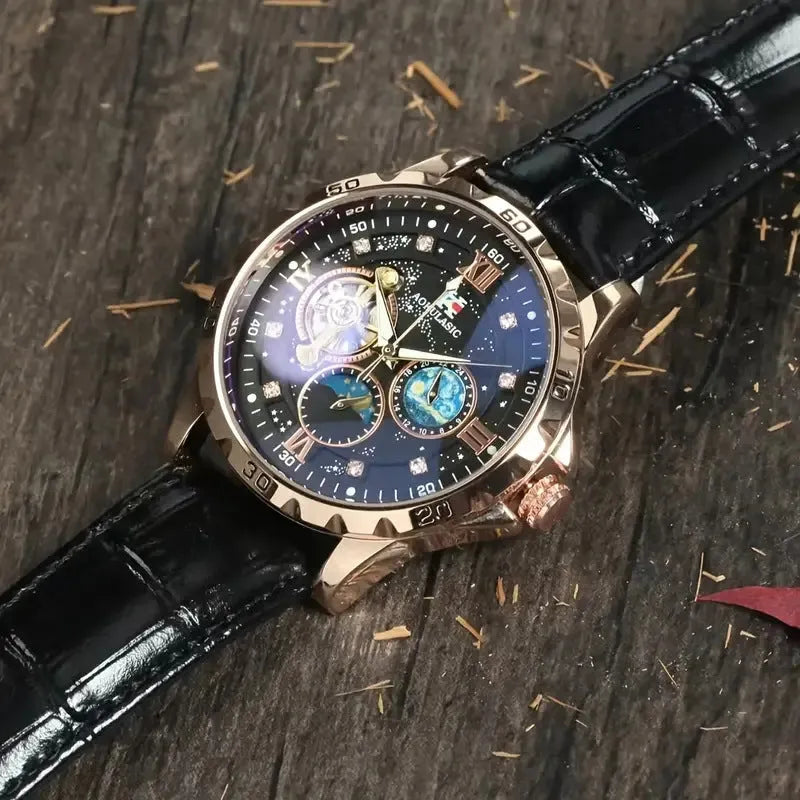 Men's automatic mechanical watch with hollow dial showing movement, black leather strap, rose gold case