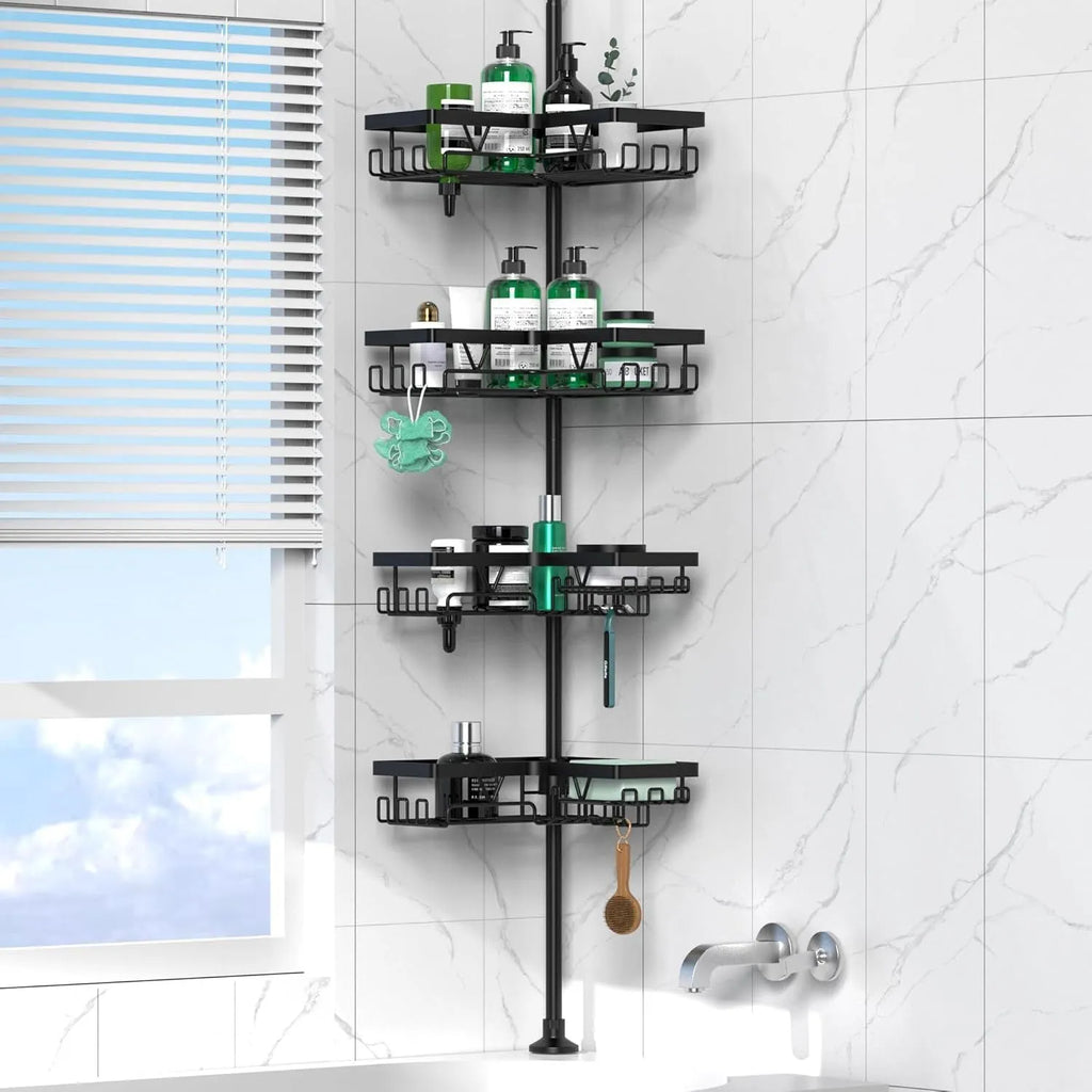 Hole-free retractable bathroom storage rack with four shelves in modern simplicity style