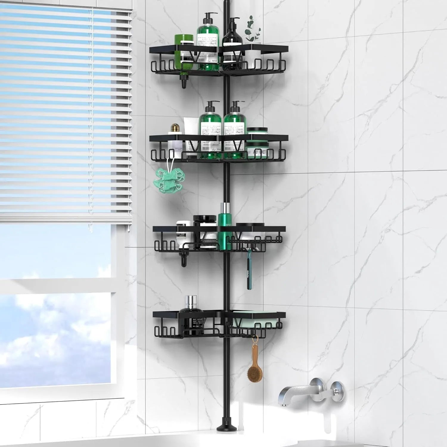 Hole-free retractable bathroom storage rack with four shelves in modern simplicity style