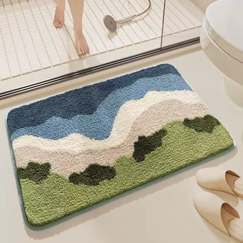 Square rainbow pattern floor mat in sky sea colour with imitation cashmere texture and plastic bottom