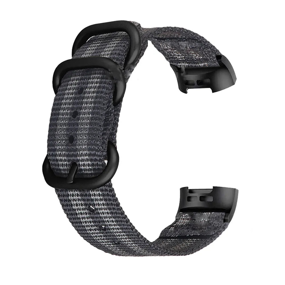 Nylon three-ring buckle replacement strap for Fitbit Charge 2, 3, 4, 5 fitness trackers in multiple colours.