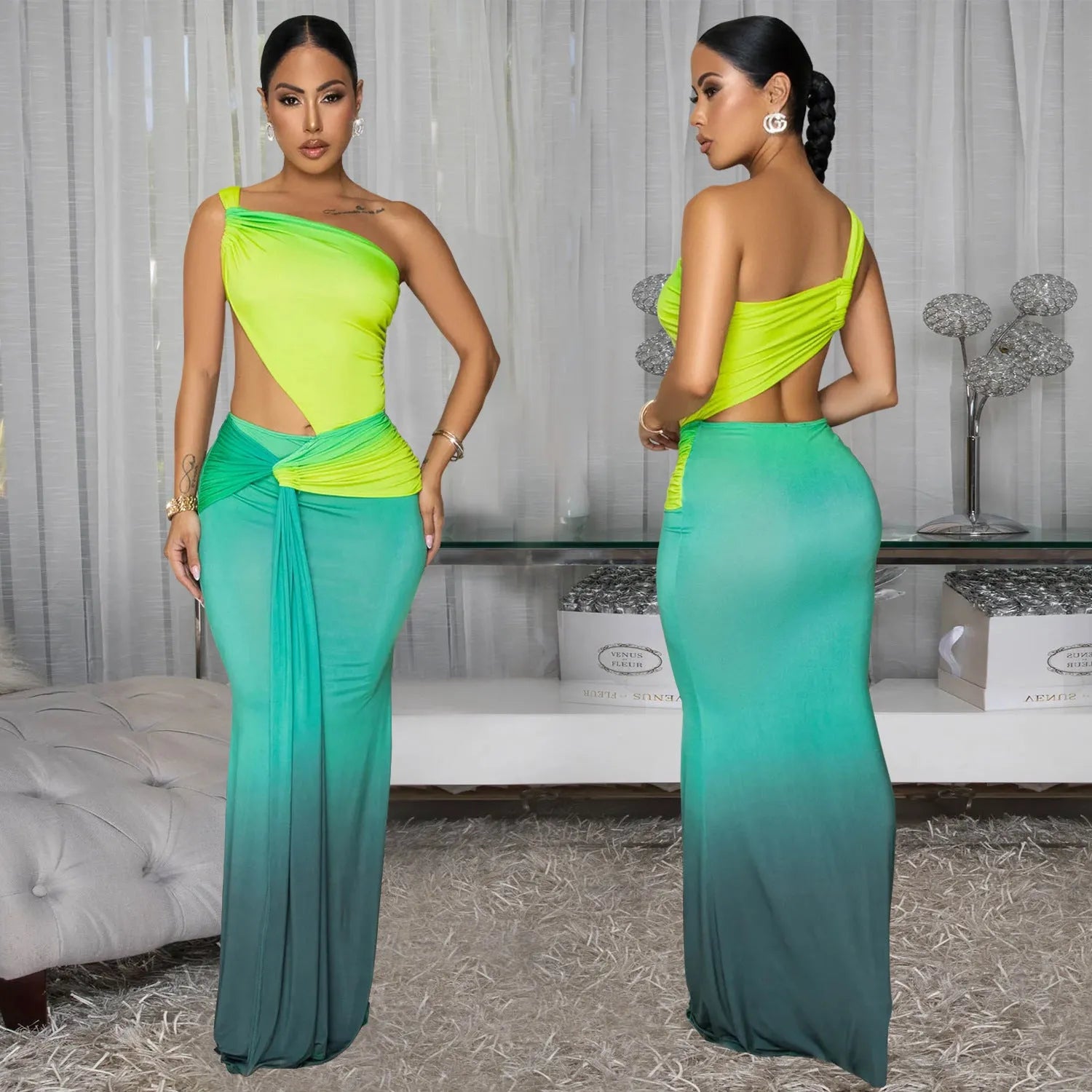 Women's gradient colour summer dress with cross-shoulder design and high-waisted long skirt.