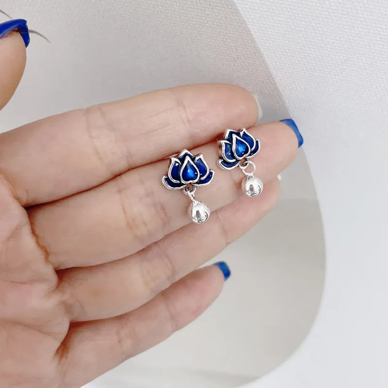 Blue lotus earrings with retro seedpod tassels measuring 1.2cm wide