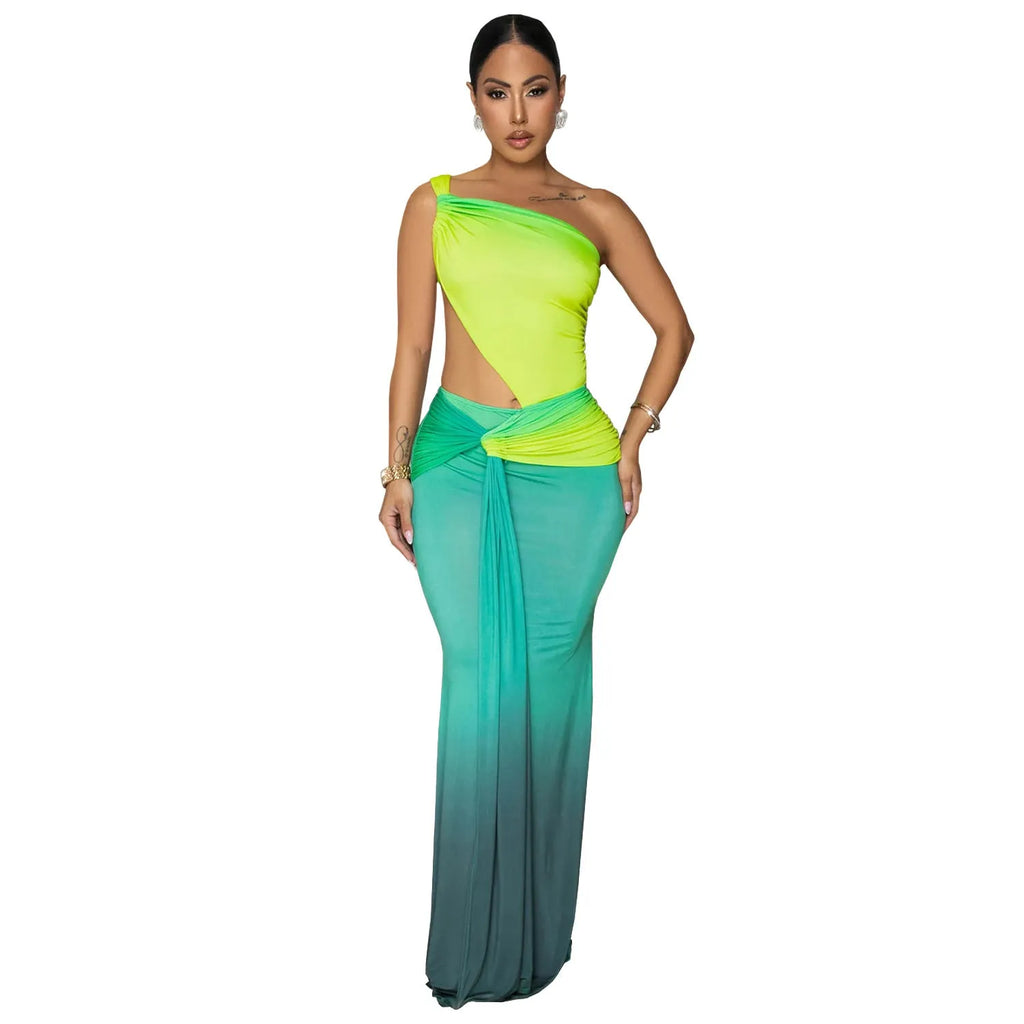 Women's gradient colour summer dress with cross-shoulder design and high-waisted long skirt.