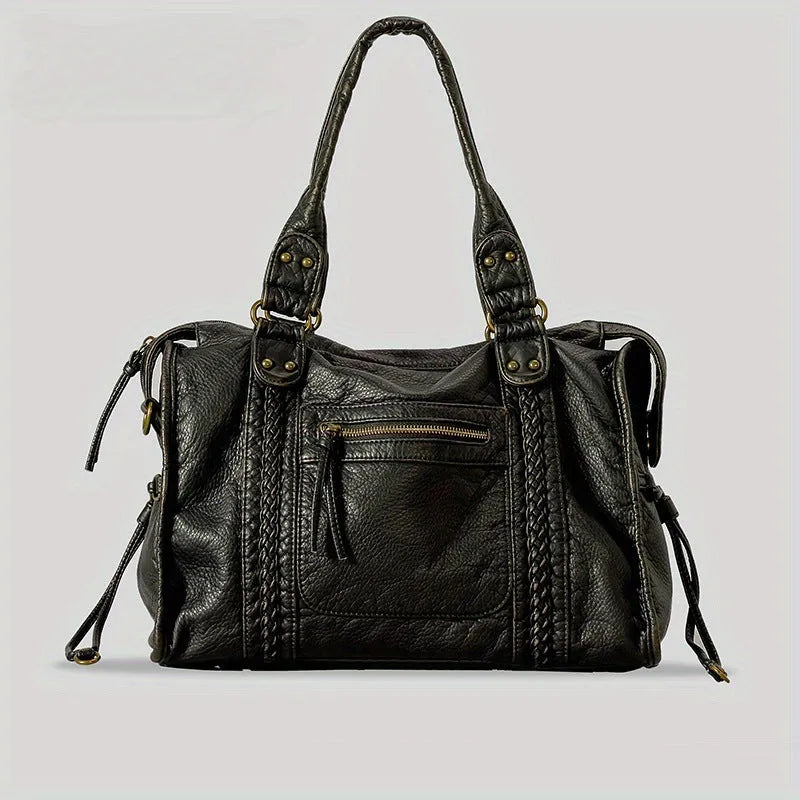 Women's French retro motorcycle style messenger shoulder bag in soft PU leather with woven detailing