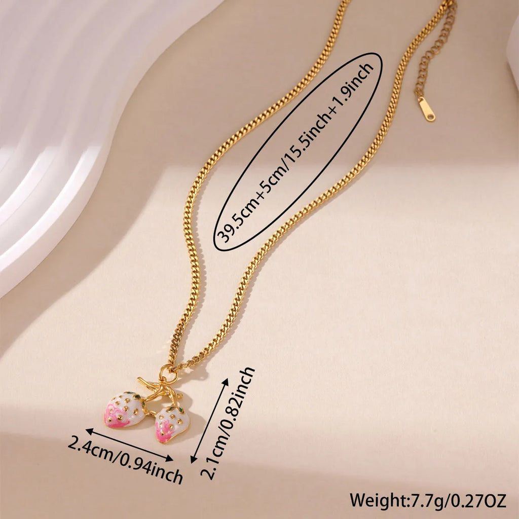 Stainless steel strawberry pendant necklace with alloy chain in red and white gradient colours