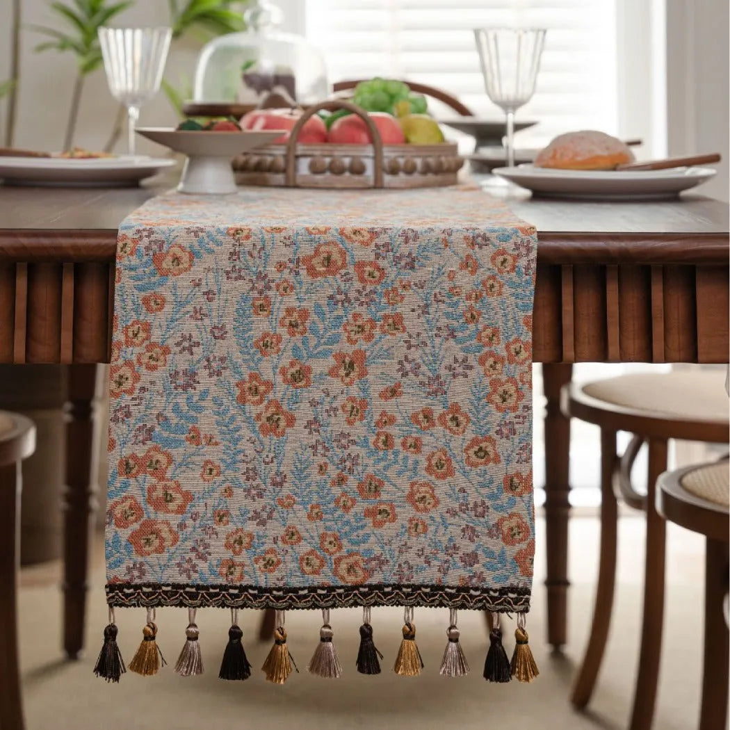 American-style jacquard table runner with tassel fringe in floral pattern
