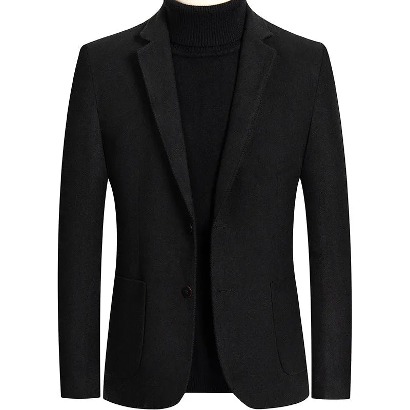 Men's slim fit wool blend suit jacket in grey, shown on a model.