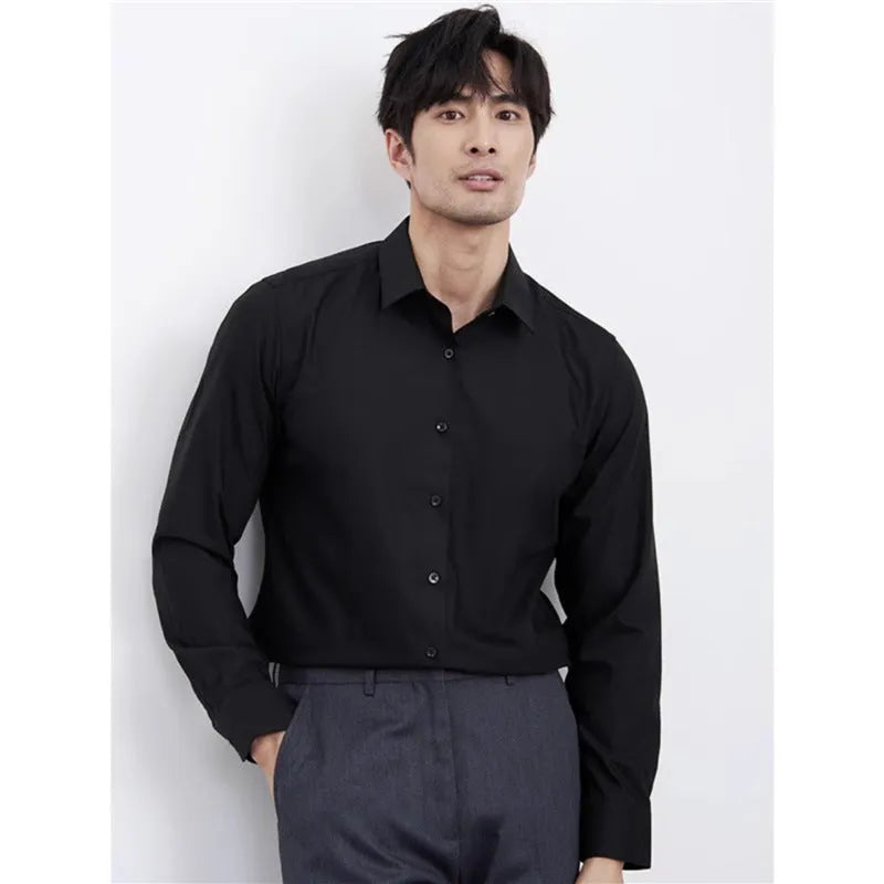 Men's wine red slim fit long sleeve shirt on a hanger, non-iron polyester fabric.