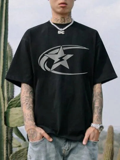 Men's pure cotton short sleeve t-shirt with Japanese retro printing in dark grey, white and black colours