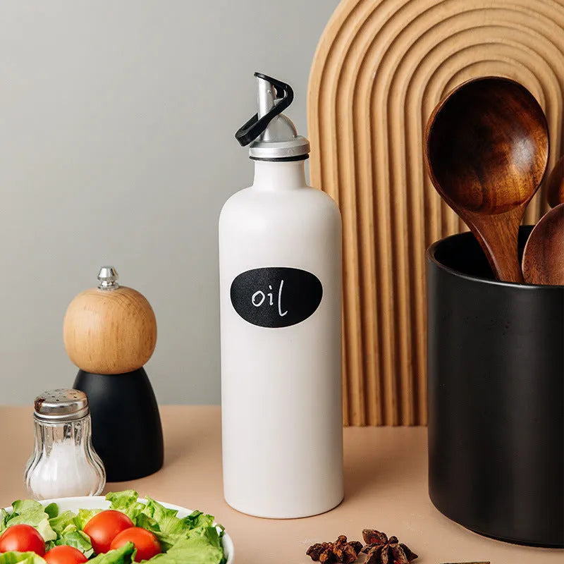 Ceramic oil pot with stainless steel funnel and brush in white, black, or coffee colour
