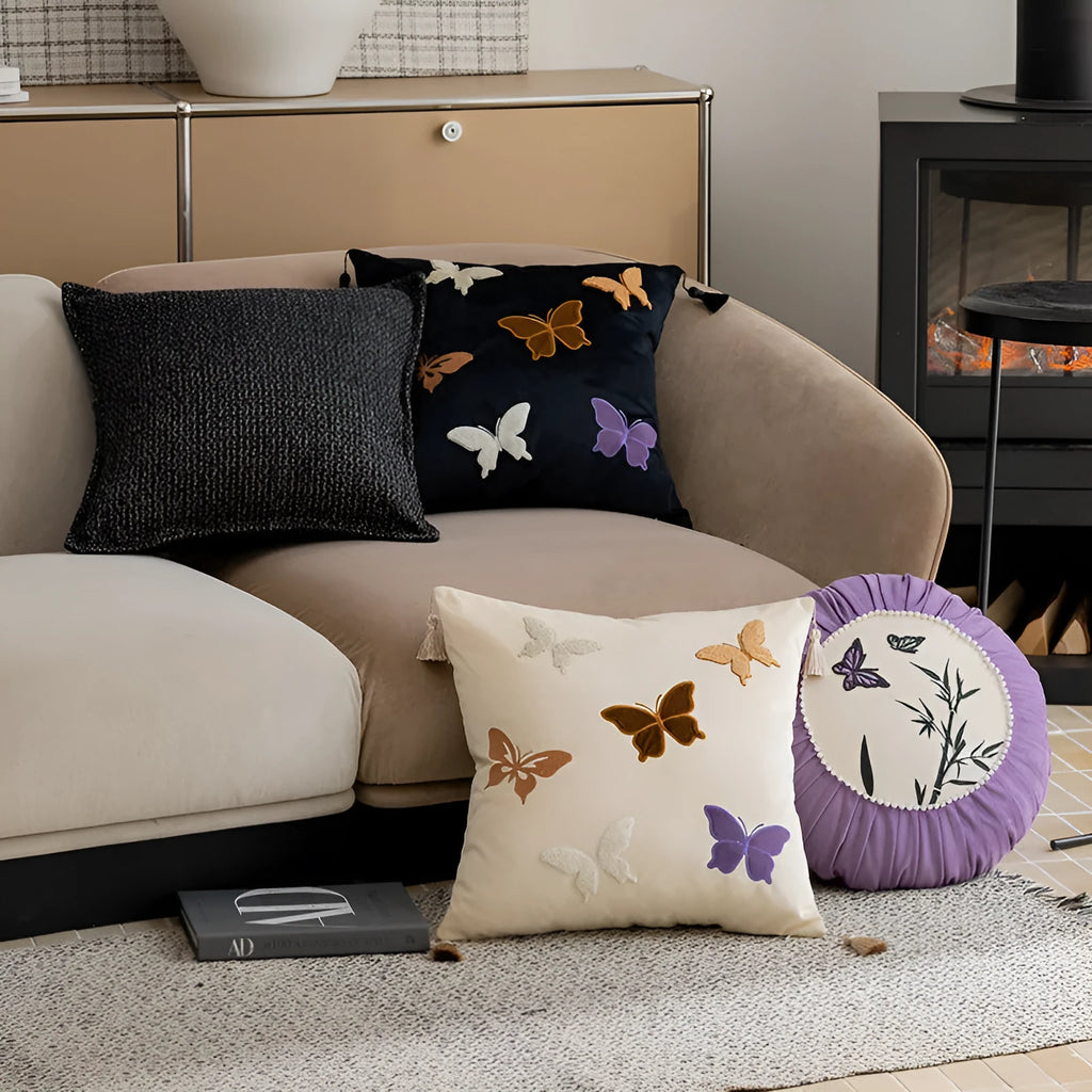 Butterfly embroidery cushion Chinese-style floral pattern 45x45 cm beige black purple