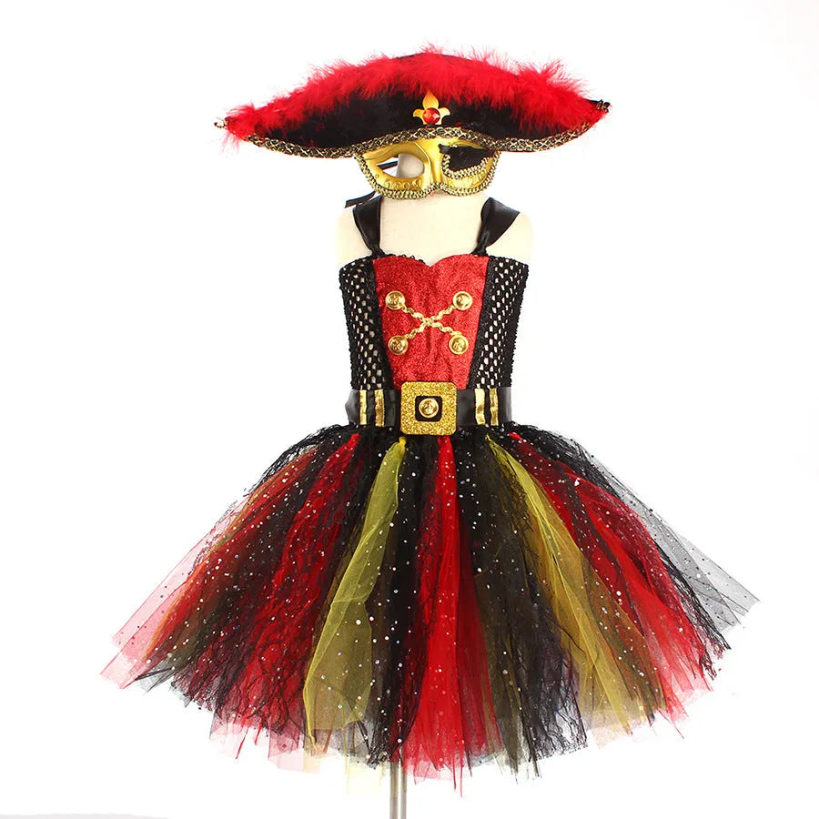 Girls pirate costume dress with sequins, gauze mesh, and lace detailing for Halloween
