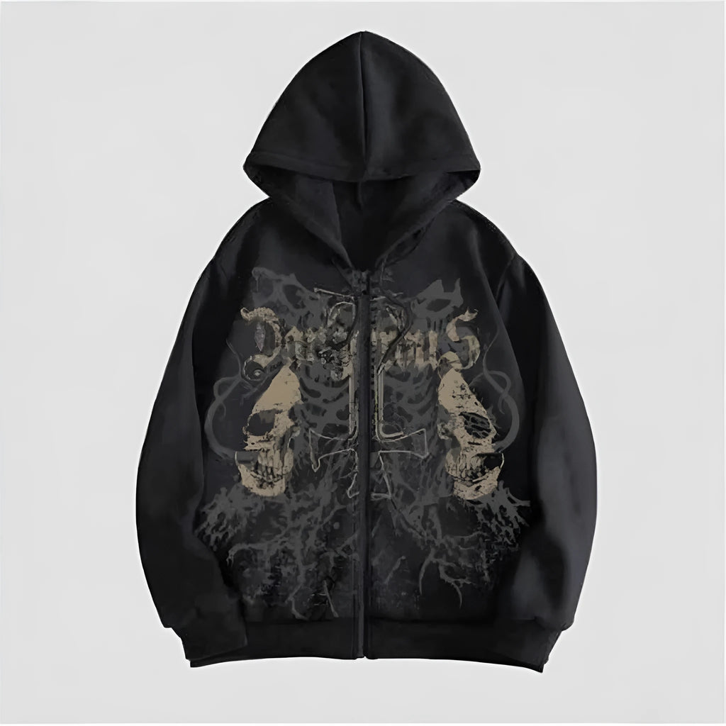 Men's black hooded sweatshirt with a large white skull print on the chest, long sleeves, and a pullover style.