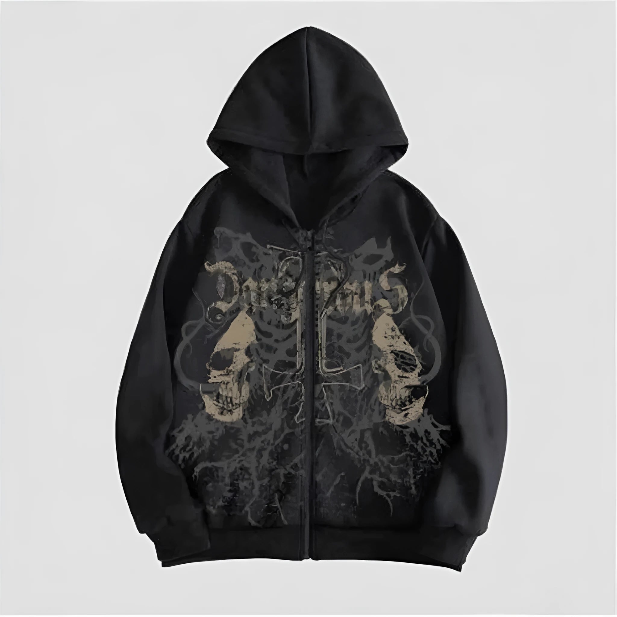 Men's black hooded sweatshirt with a large white skull print on the chest, long sleeves, and a pullover style.