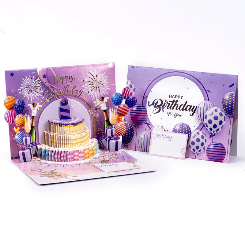 Open 3D greeting card showing a layered cake illustration in Chinese ink style, 15cm by 20cm.