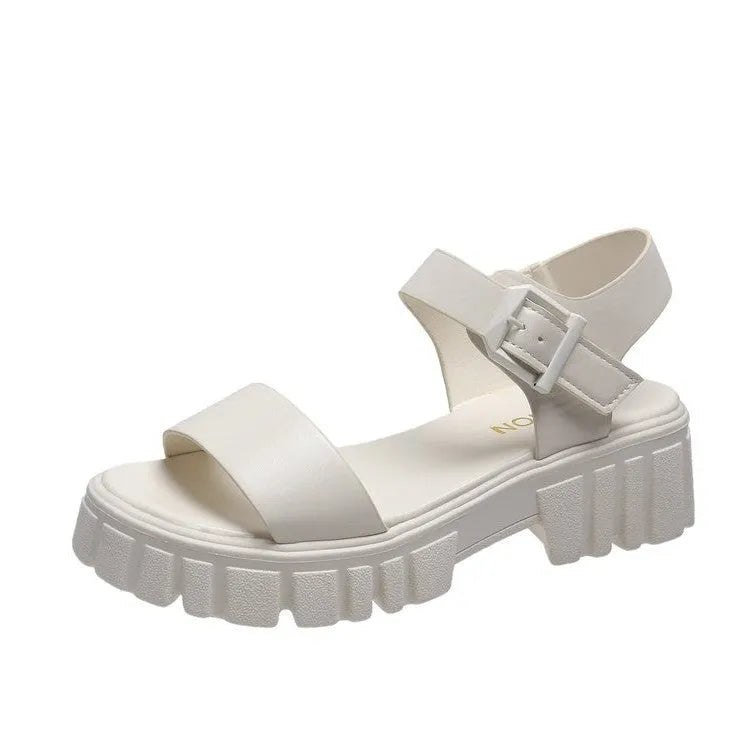 Women's beige PU platform sandals with a fish mouth peep toe and an ankle-strap buckle.