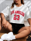 Women's cotton t-shirt with exposed navel design and printed English letters in loose casual fit
