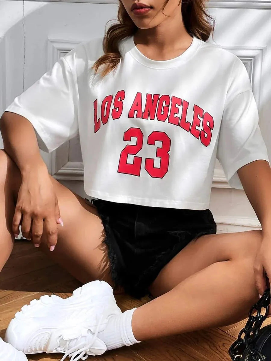 Women's cotton t-shirt with exposed navel design and printed English letters in loose casual fit