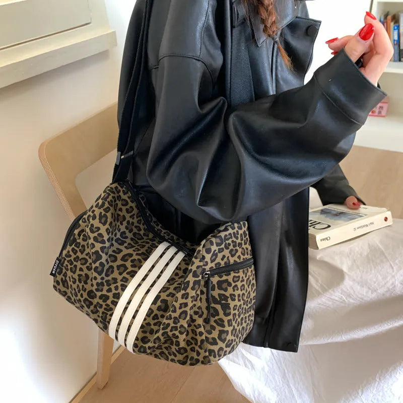Leopard print crossbody shoulder messenger bag with large capacity and sports style design