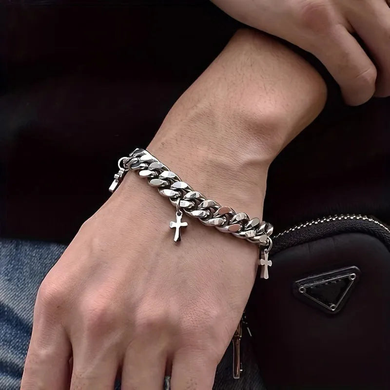 Men's titanium steel bracelet with geometric cross design on wrist