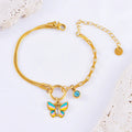 Gold titanium steel necklace and bracelet set with colourful epoxy butterfly zodiac pendant.