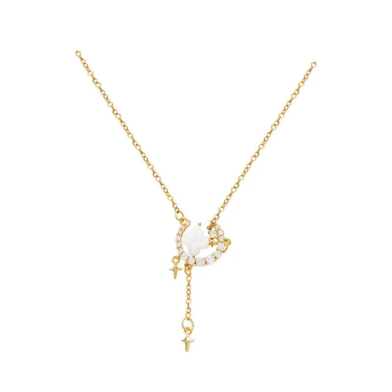 Gold and silver star moon necklace with zirconium diamonds on adjustable clavicle chain