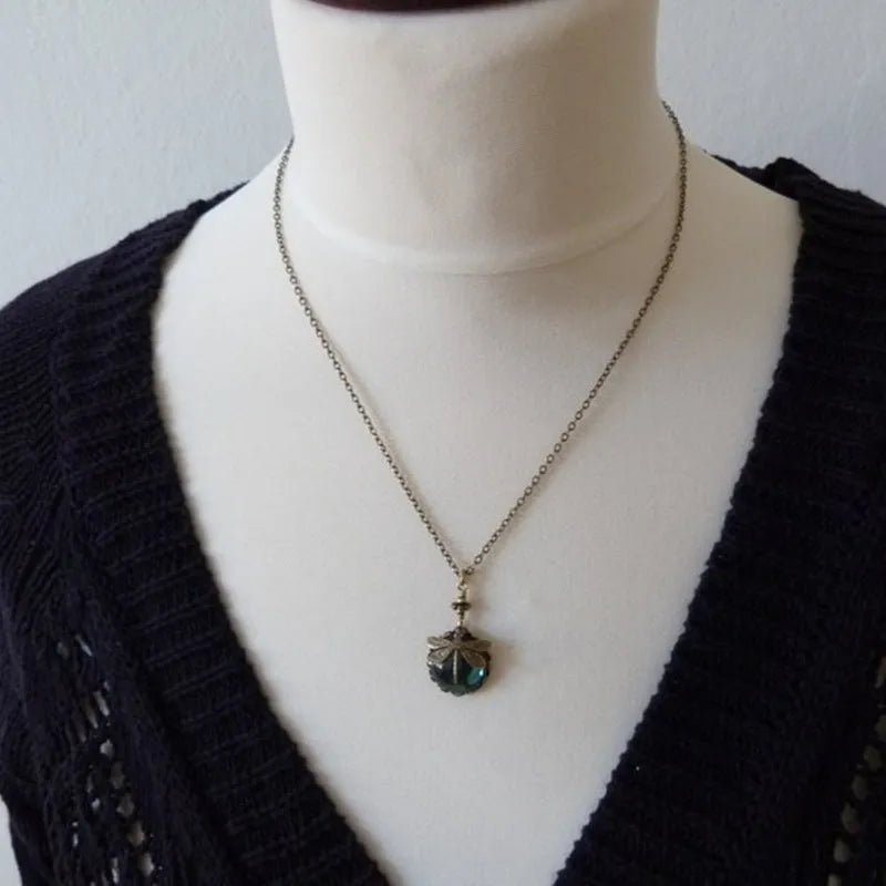 Vintage bronze dragonfly pendant necklace on chain, 925 silver with yellow gold tone finish