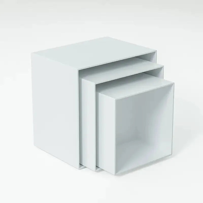 White plastic suit cube dessert display stand set with six tiered racks for bakery counter.
