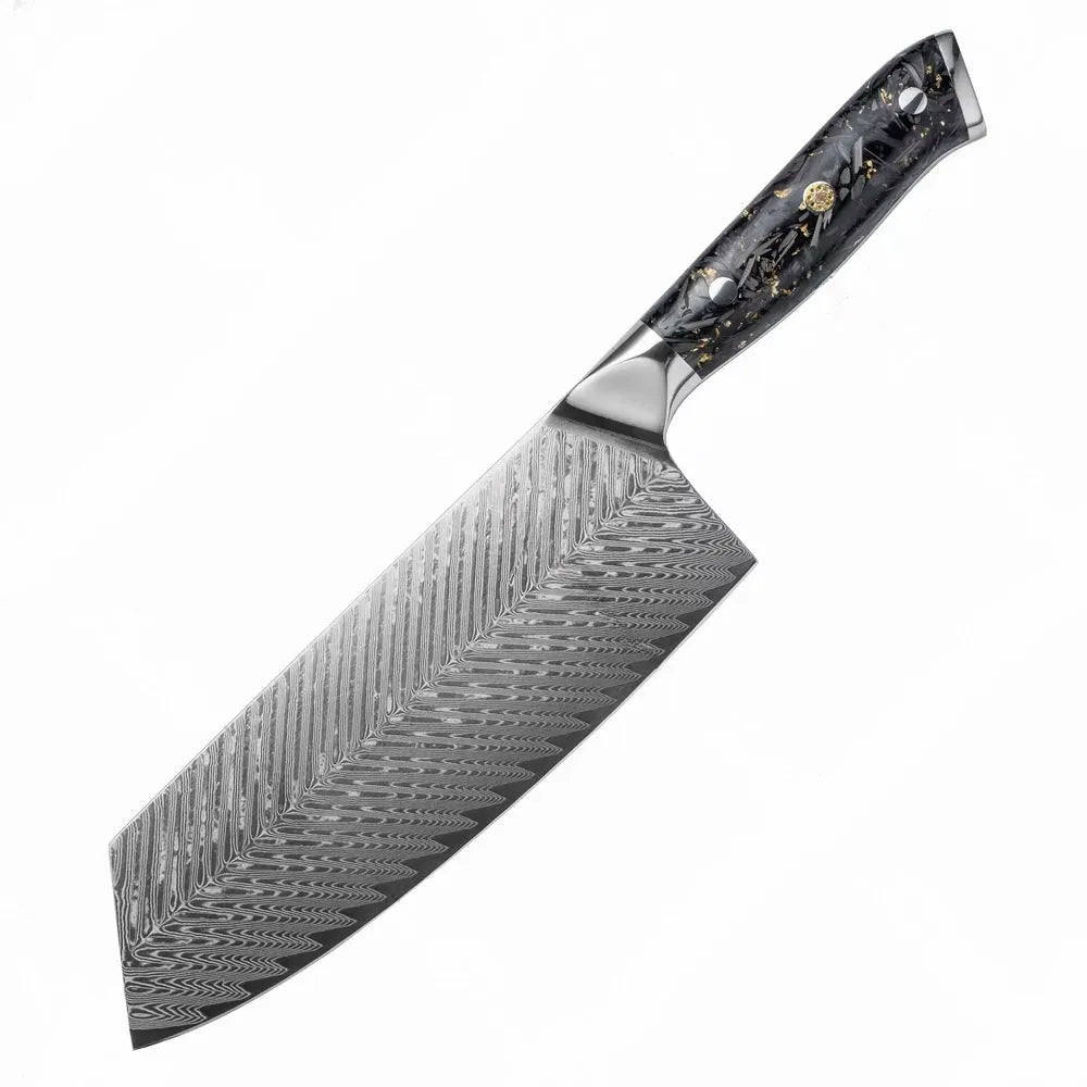 Damascus steel kitchen knife set with eight blades including Japanese and boning knives on a wooden surface