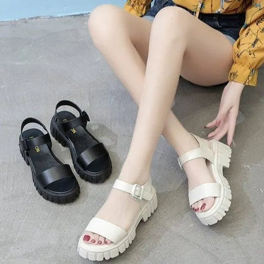 Women's beige PU platform sandals with a fish mouth peep toe and an ankle-strap buckle.