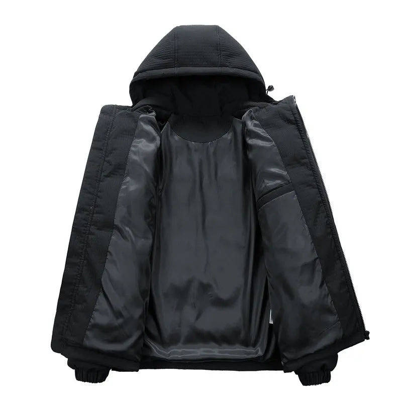 Men's black padded winter coat with hood, letter print design, side pockets, and cardigan style front