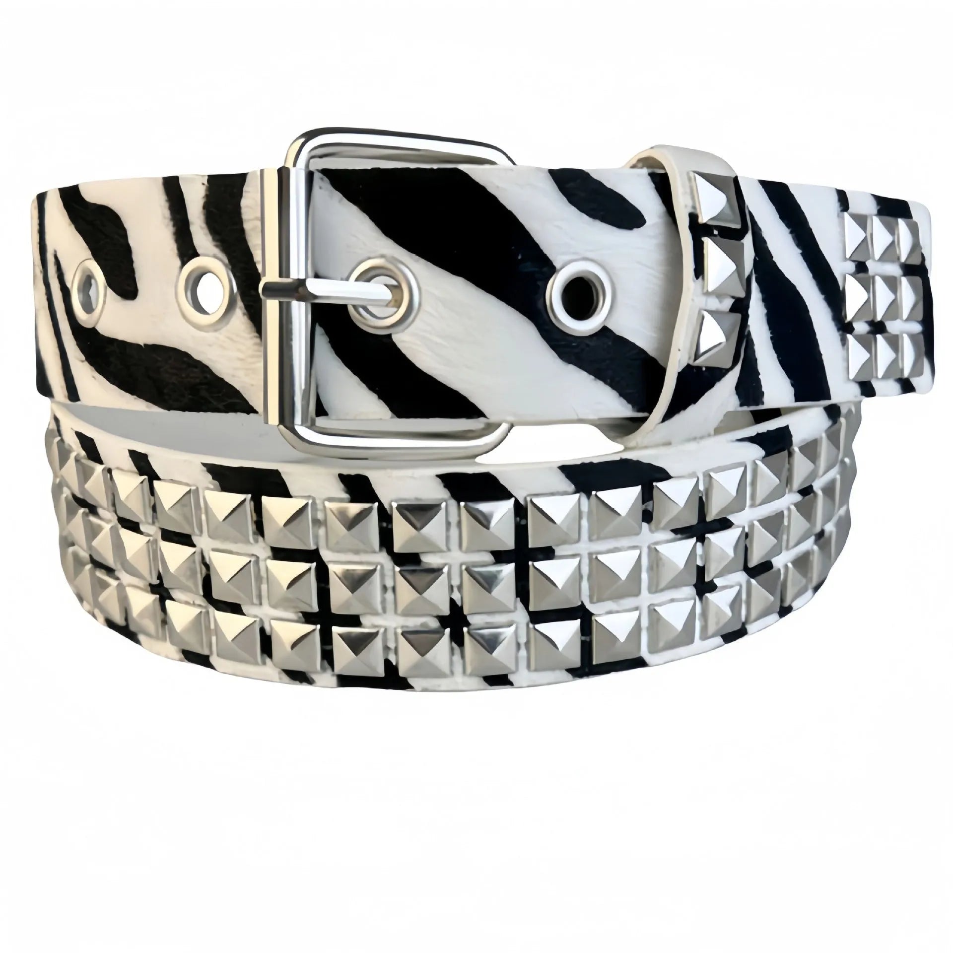 Women's punk-style brown leopard print belt with silver metal pyramid rivets and an alloy buckle.