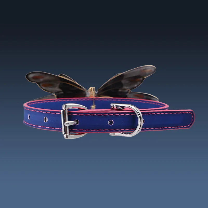 Purple butterfly rhinestone collar with temperature-changing colour on alloy pendant and adjustable PU chain