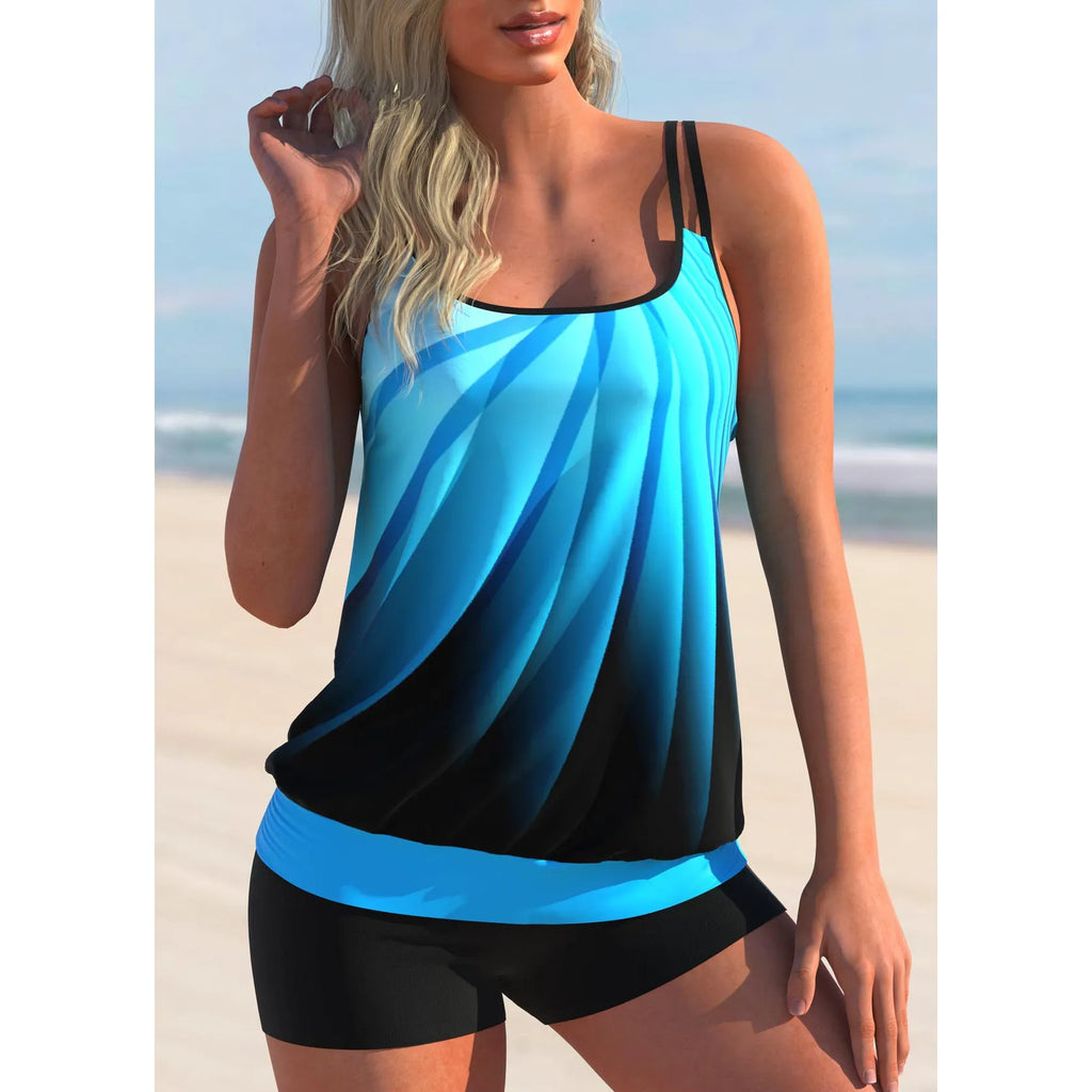 Women's plus size beach swimsuit set showing strappy top and matching printed shorts in Butterfly pattern
