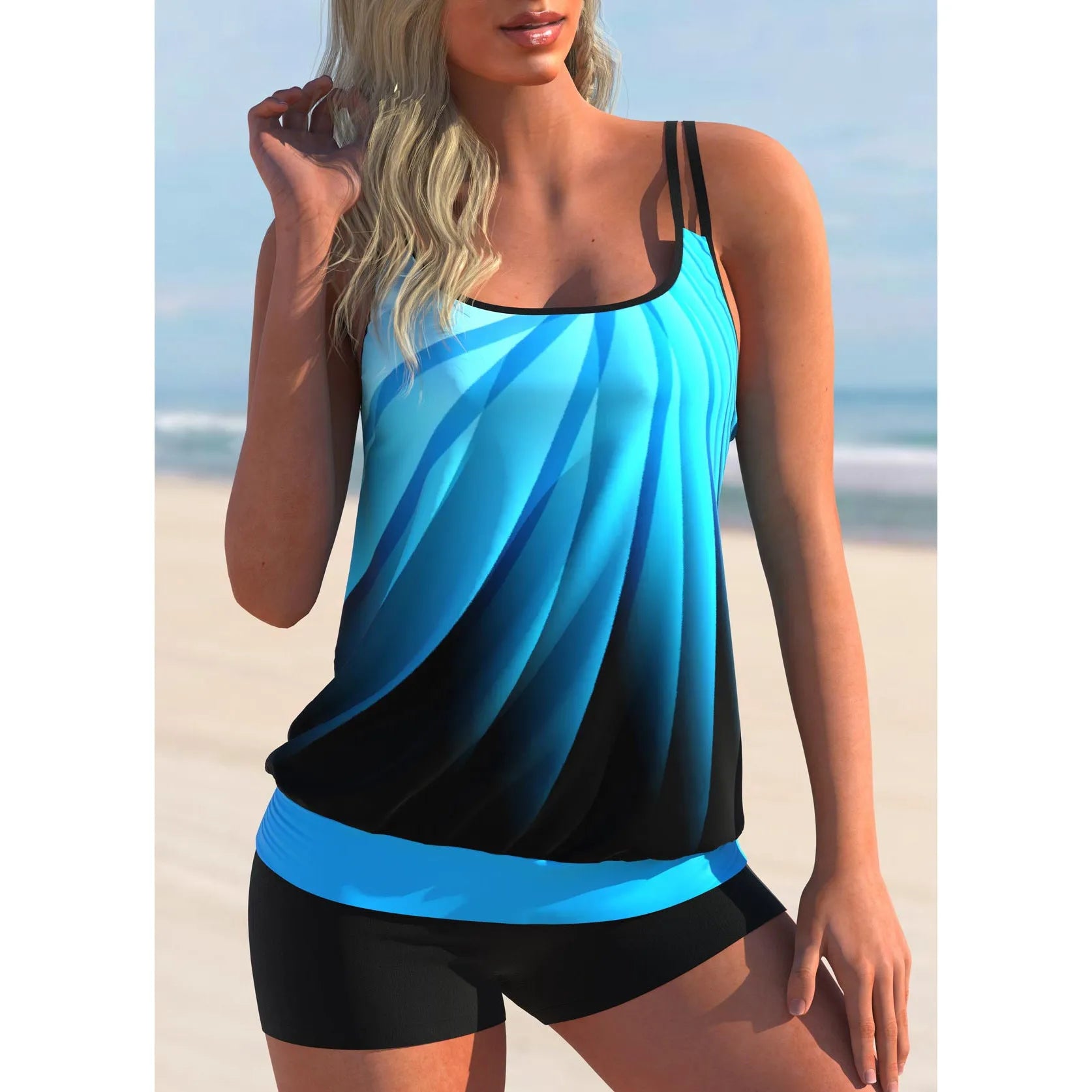 Women's plus size beach swimsuit set showing strappy top and matching printed shorts in Butterfly pattern