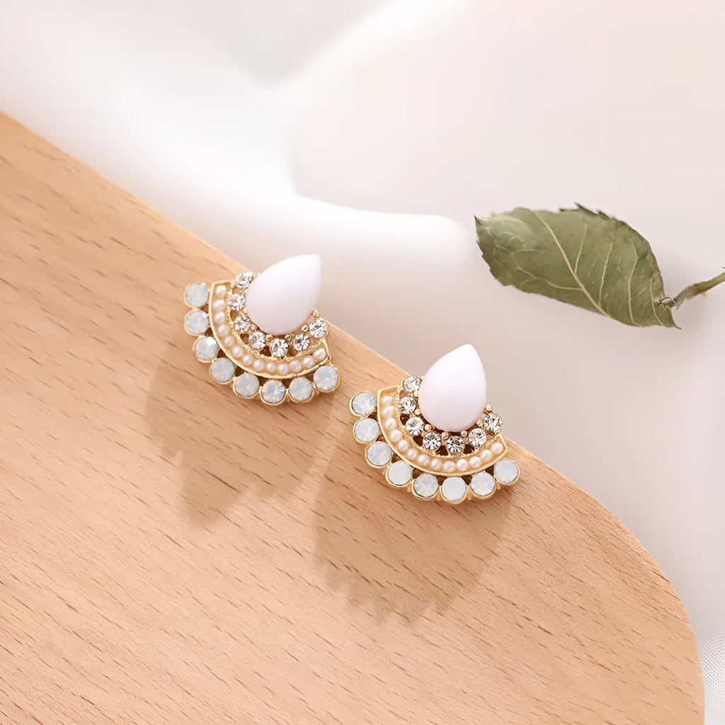 Women's retro geometric fan-shaped earrings with opal rhinestone detailing and electroplated sterling silver finish
