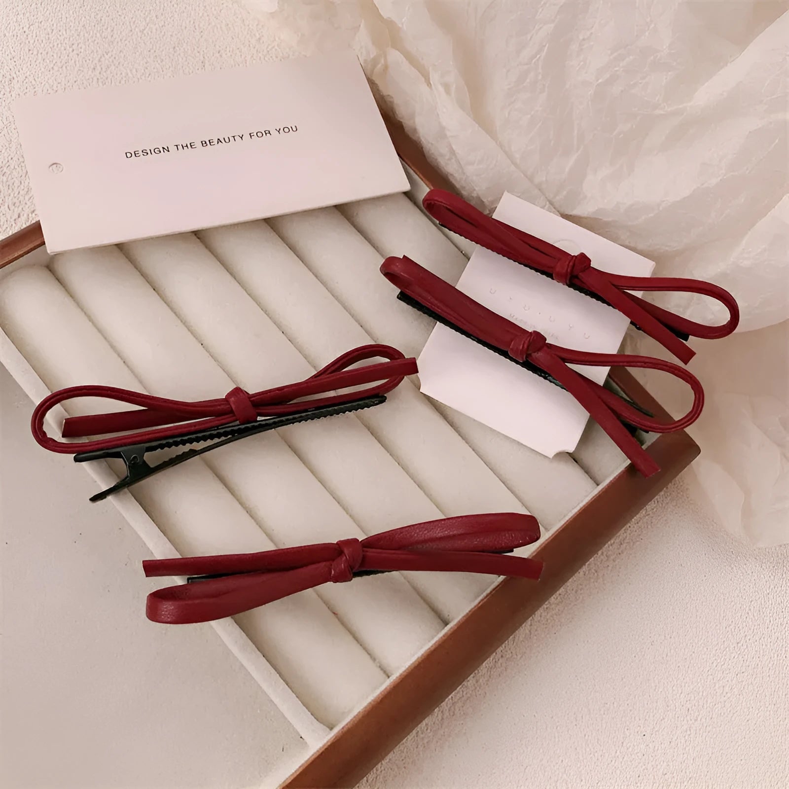 Wine red leather bow hair barrettes handcrafted women's hair clip accessories