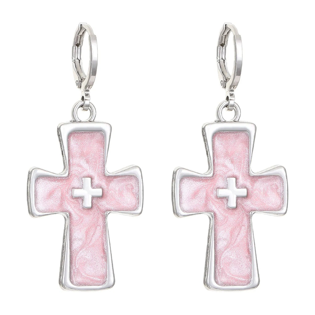 Women's alloy earrings with cross and heart designs in white, black, and silver colour options.