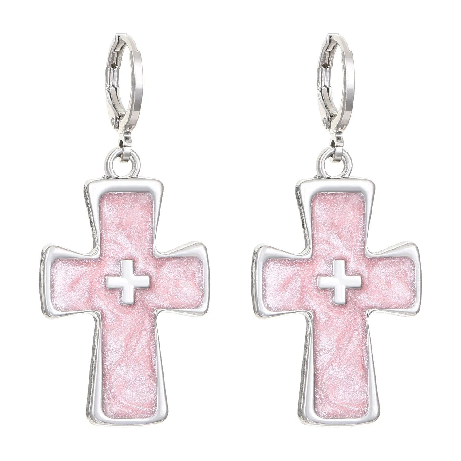 Women's alloy earrings with cross and heart designs in white, black, and silver colour options.